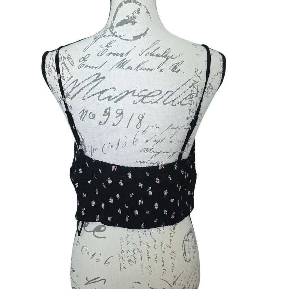 Aeropostale Women's Size XL Black Pink Floral Print Cami Lace Edge Crop Top